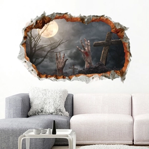 Adesivo da Parete 3D Halloween Parete Rotta Mano di Zombie Tomba PVC Removibile Spaventoso Luna Croce Decorazione Festa Casa
