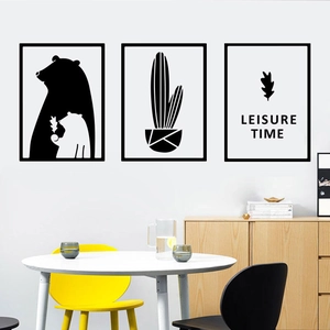 Three-piece Nordic black and white wall art set featuring bear, cactus, and leisure text
