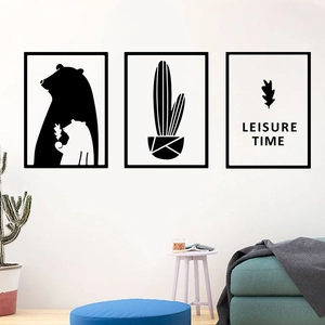 Three-piece Nordic minimalist bear and cactus wall art set for a modern living room