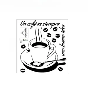 Détail du sticker mural café en PVC avec texte espagnol et grains pour déco cuisine