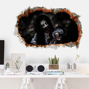 3D Halloween wall decal featuring a scary long-haired ghost girl emerging from a broken wall