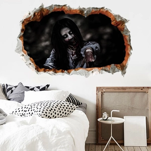 3D scary female zombie wall sticker breaking through wall for Halloween party decor
