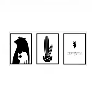 Three-piece Nordic black and white bear and plant wall art decal set, 125x37cm size