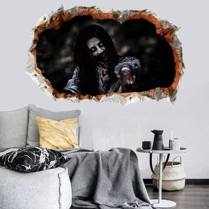 3D Halloween wall sticker featuring a scary long-haired female ghost breaking through wall
