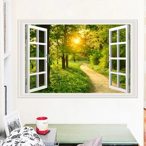 Detailed 3D faux window wall sticker showing a sunny forest path on a white wall decor