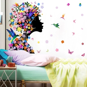Adesivo Murale Artistico Silhouette Ragazza Fiori Farfalle PVC Decalcomania Floreale Colorata Per Camera Soggiorno