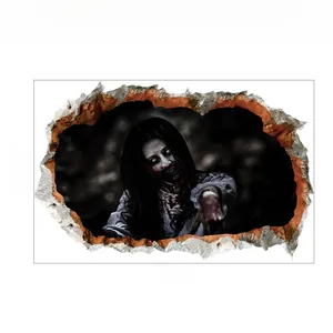 Detailed 3D zombie girl wall sticker showing size specifications 55cm x 35cm for Halloween