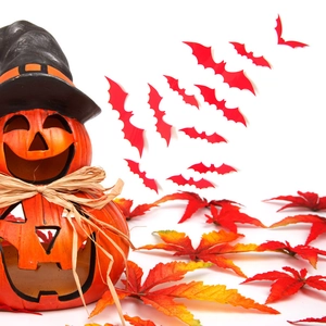 Three-tier Halloween pumpkin statue with witch hat and maple leaves decoration