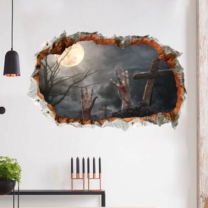 Adesivo murale 3D di Halloween con mano zombie e cimitero per decorazioni festive