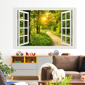 Detailed 3D fake window wall sticker featuring a sunny forest path and white wood frame