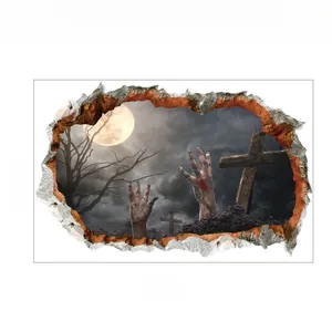 Dettaglio adesivo murale 3D Halloween con mani zombie nel cimitero, 87,5x55cm