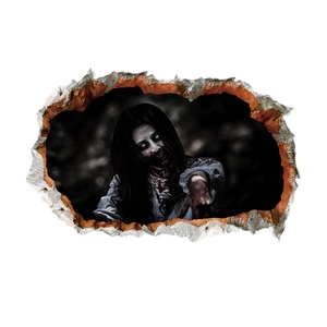 Detailed view of a 3D cracked wall decal featuring a scary long-haired zombie woman figure