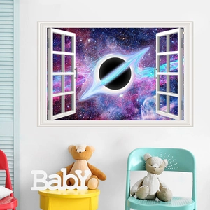 Adesivo murale 3D buco nero spaziale con cornice di finestra in una stanza per bambini