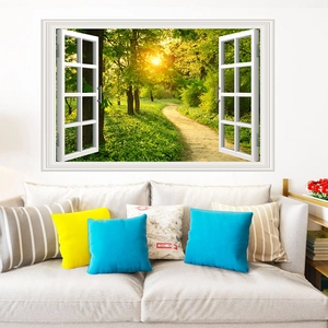 Detail of 3D window wall decal showing a sunlit forest path landscape on living room wall