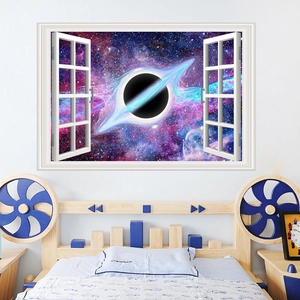 Adesivo murale 3D con buco nero cosmico esposto in una camera da letto moderna