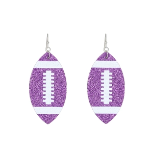 Sparkly purple American football earrings with glitter texture and silver hooks