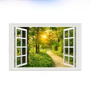 Detail view of 3D window wall sticker showing forest path scenery, size 86x56cm