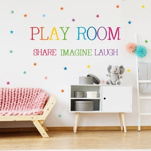 Pegatinas de pared Play Room con estrellas y texto en inglés para cuarto de los niños