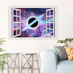 Dettaglio dell'adesivo murale 3D con finestra sul buco nero cosmico in soggiorno