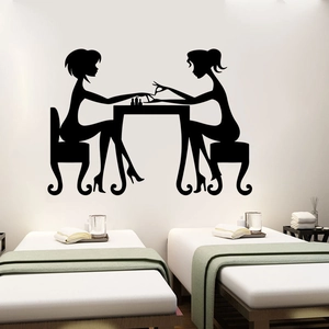 Black silhouette wall sticker of two girls at a nail salon, self-adhesive PVC vinyl decal