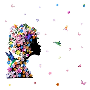Dettaglio adesivo murale ragazza floreale con colibrì colorati e farfalle vivaci