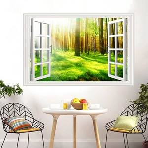 Detailed 3D forest window wall decal showing a lush green landscape in a dining room