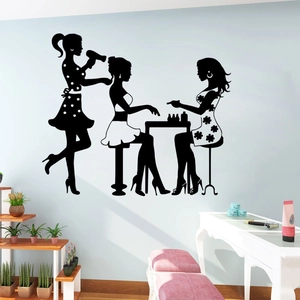 Black silhouette wall stickers featuring hair salon and manicure scenes for shop decor