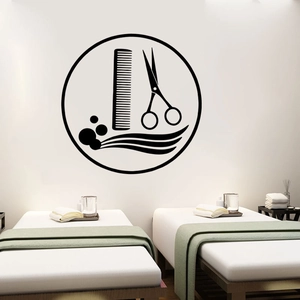 Hair Salon decorative PVC wall sticker featuring comb and scissors in black design