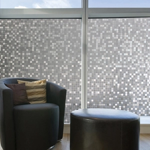 Mosaic pattern privacy window film with frosted grey and white squares for glass windows