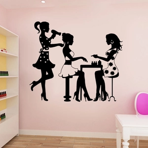 Beauty salon wall stickers featuring black silhouettes of women hair styling and nail care