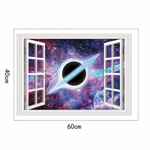 3D outer space faux window wall decal with galaxy black hole view size 60x40cm