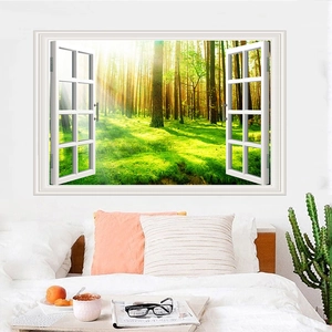 3D forest view wall sticker with white window frame in a cozy bedroom setting