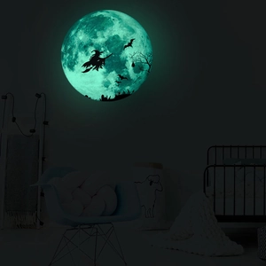 Luminous Halloween wall sticker featuring a flying witch silhouette on a glowing moon