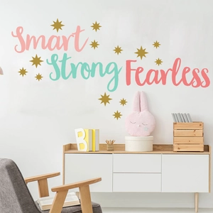 Inspirational colorful wall decals featuring Smart Strong Fearless letters and gold stars
