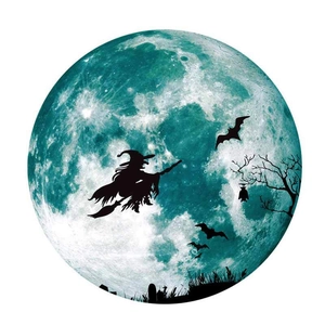 Detailed close-up of luminous moon wall sticker with witch silhouette and bats