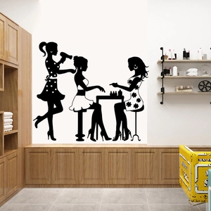 Beauty salon wall decal featuring black silhouette of woman blowing hair for home decor
