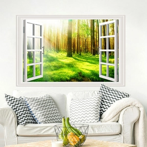 3D forest landscape wall sticker featuring a realistic white window frame on white wall