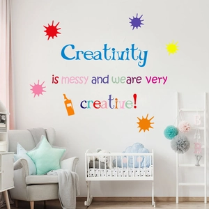 Colorful English wall decal with messy creativity quote and artistic ink splashes