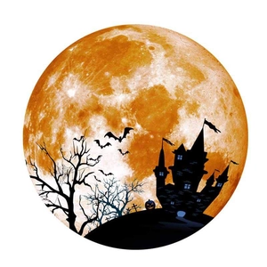 Detailed view of Halloween moon wall sticker with castle, bats, and pumpkin silhouette