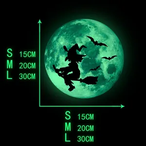 Size chart for luminous Halloween wall stickers showing diameters of 15cm, 20cm, and 30cm