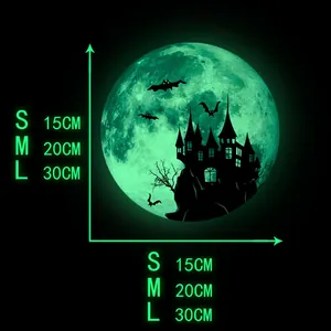 Luminous Halloween moon wall sticker size chart showing 15cm, 20cm, and 30cm diameters