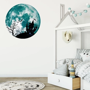Luminous Halloween wall sticker featuring a full moon, haunted castle and bats silhouette