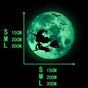 Size chart for glow in the dark Halloween wall stickers featuring witch and moon design