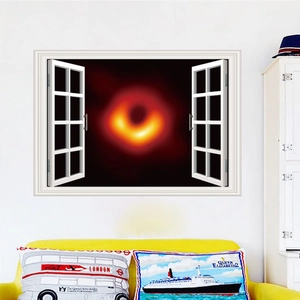 Adesivo murale 3D spazio con vista buco nero attraverso una finta finestra bianca decor