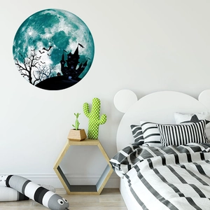 Glow-in-the-dark Halloween wall sticker featuring a blue moon, spooky castle and bats