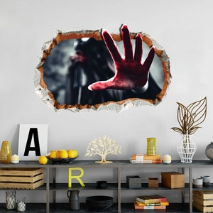 Sticker mural 3D Halloween effet mur brisé réaliste avec une main ensanglantée effrayante