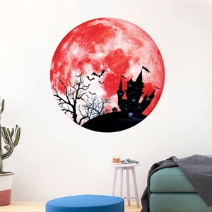 Luminous Halloween wall sticker featuring red blood moon with castle and bats silhouettes