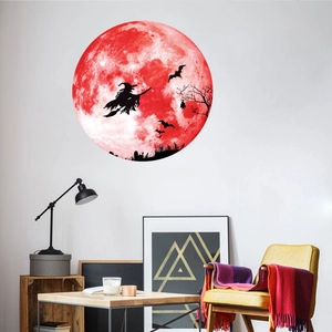 Halloween wall sticker with red moon, witch silhouette, and bats for home decor