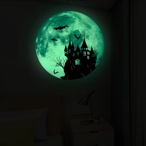 Luminous Halloween wall sticker with glowing green moon, gothic castle and bats silhouettes