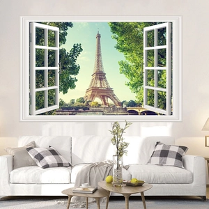 Detailed 3D wall sticker showing Eiffel Tower through an open white window frame